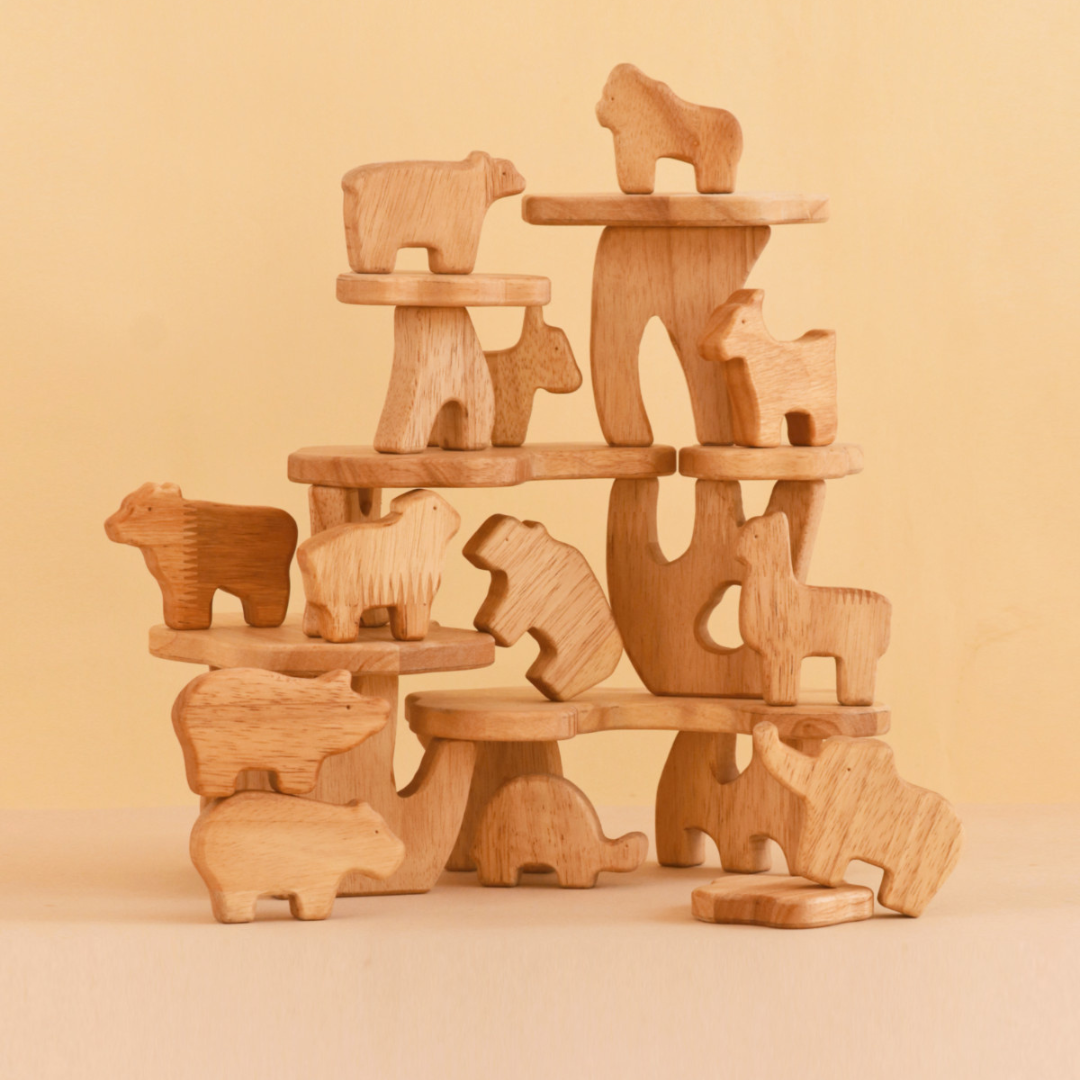 27 Piece Wooden Animals + Treehouse Stacking Toys Set Bundle