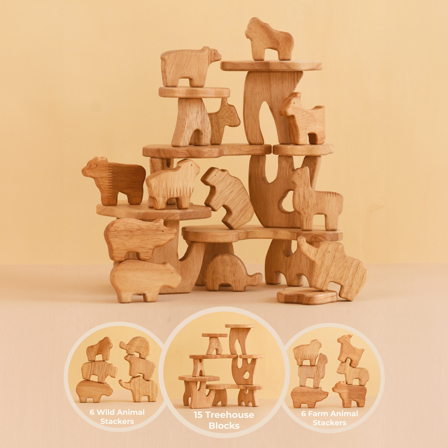 27 Piece Wooden Animals + Treehouse Stacking Toys Set Bundle