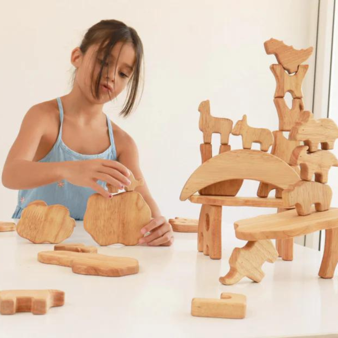 27 Piece Wooden Animals + Treehouse Stacking Toys Set Bundle