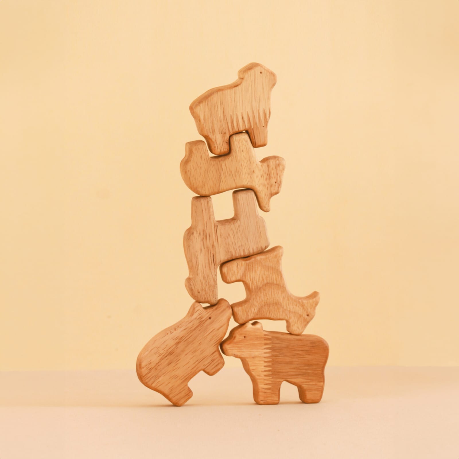 Farm Animal Stack Mini wooden farm animal stacking toys spread out showing all 6 pieces