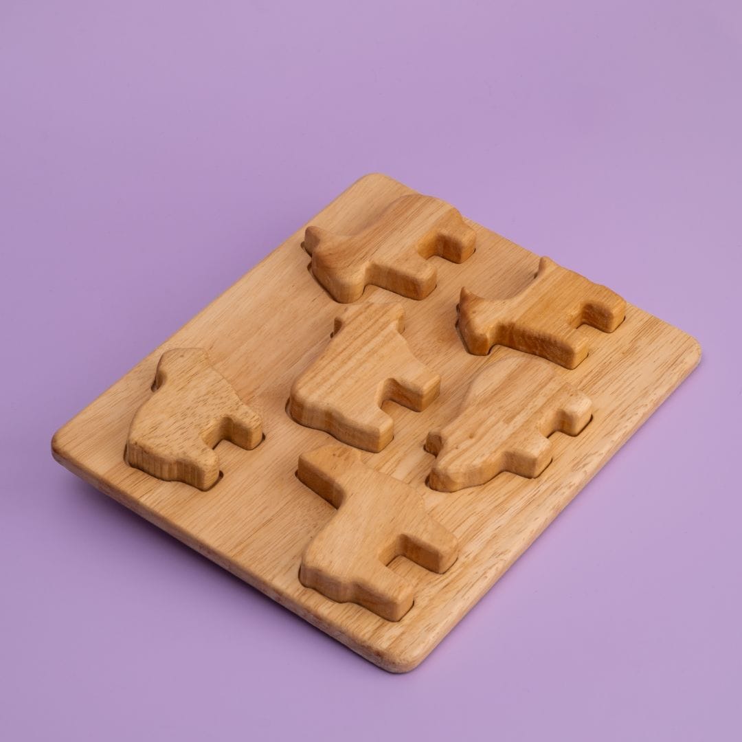 Farm Animal Stack Mini Plus wooden animal figurines stacked in a tower showing balancing play