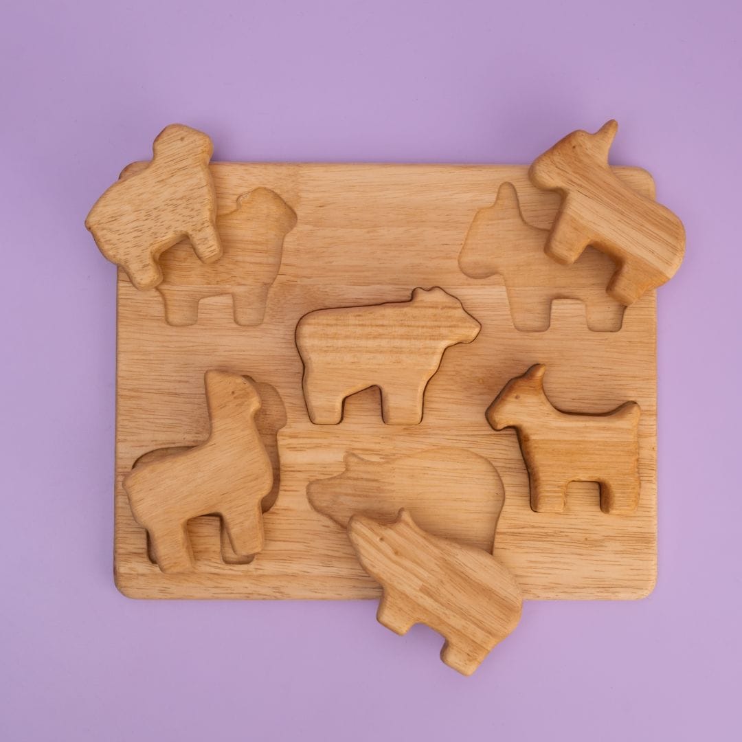 Farm Animal Stack Mini Plus all 7 wooden farm animal pieces removed from puzzle board