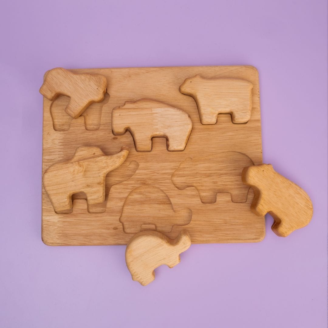 Wild Animal Stack Mini Plus all 7 wooden wild animal pieces removed from puzzle board