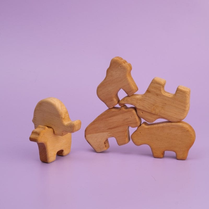 Wild Animal Stack Mini 6 wooden animal figurines stacked - elephant giraffe gorilla crocodile hippo