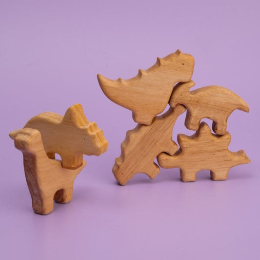 Dino Stack Mini 6 wooden dinosaur figurines stacked - triceratops pterodactyl brachiosaurus stegosaurus