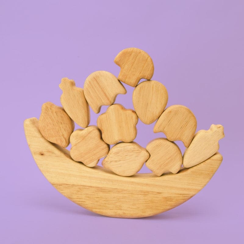 Bloom Balance Basket wooden balancing game with crescent moon base and flower-shaped wooden pieces