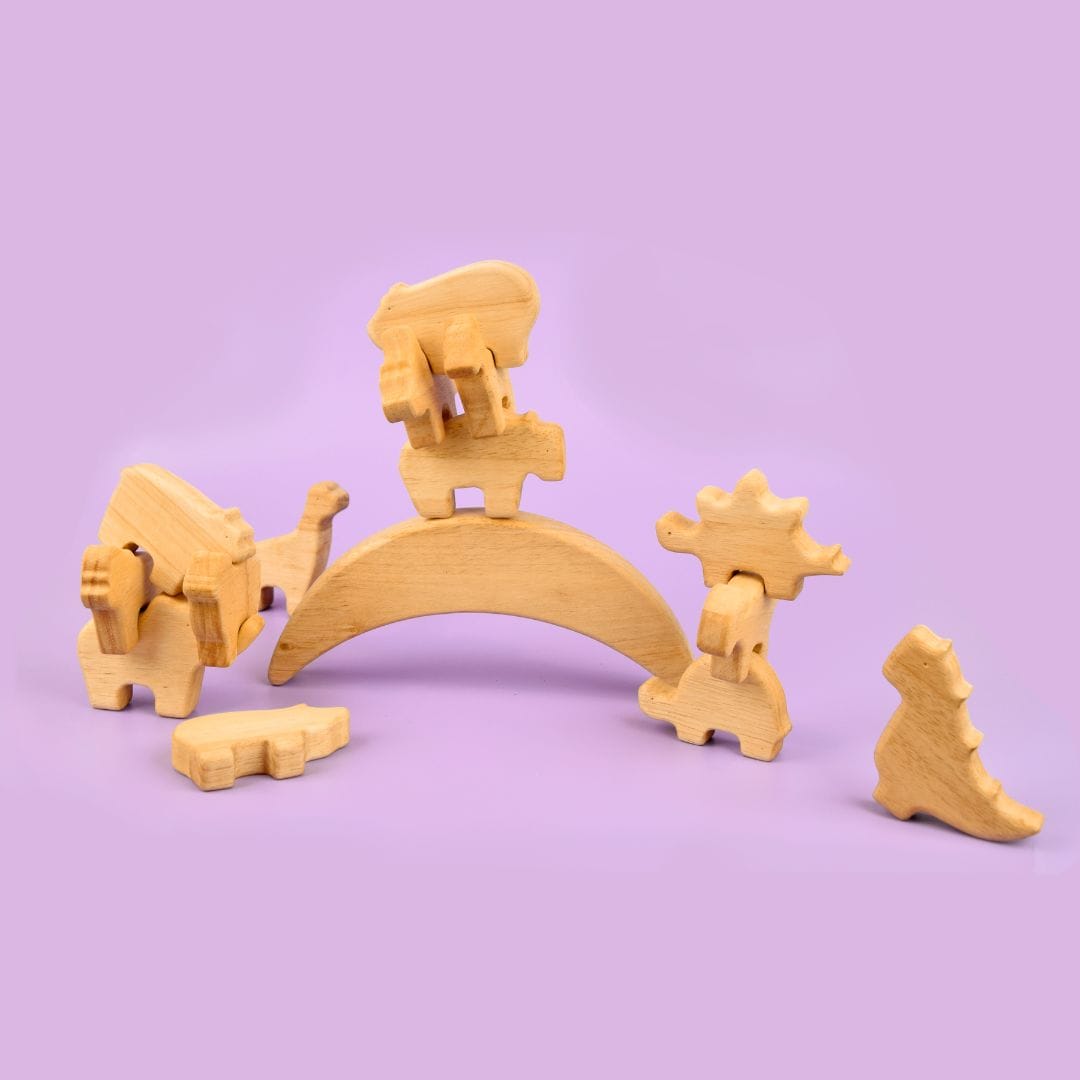 Stacker Balance Gift Set wooden animals balanced and stacked on crescent moon rocking base
