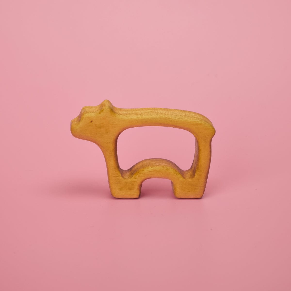 Wooden baby animal teether shaped like a bear with natural rubber wood finish