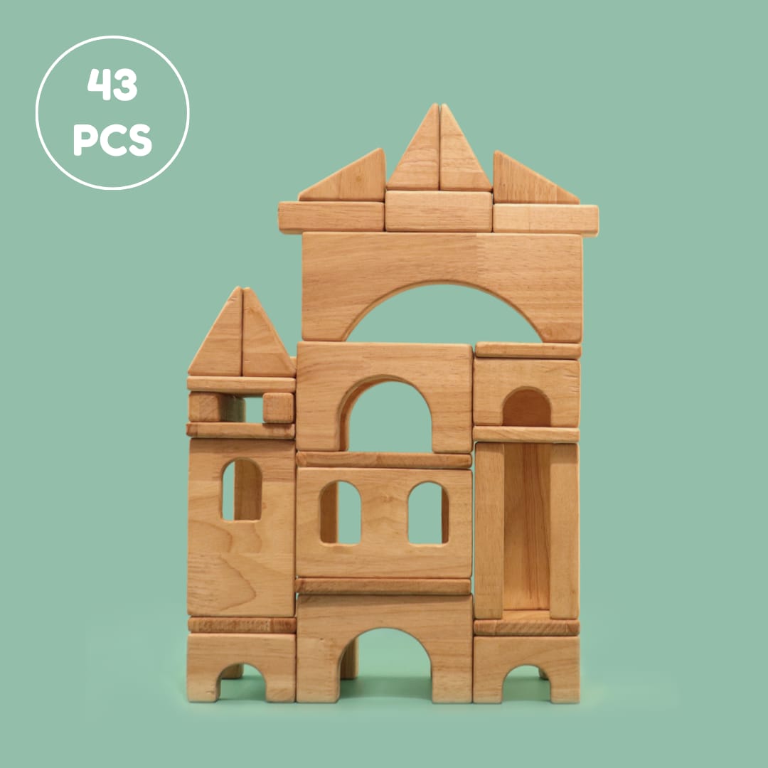 Tower Build Explorer Set 43 pieces tall castle tower with arches and windows built with wooden blocks