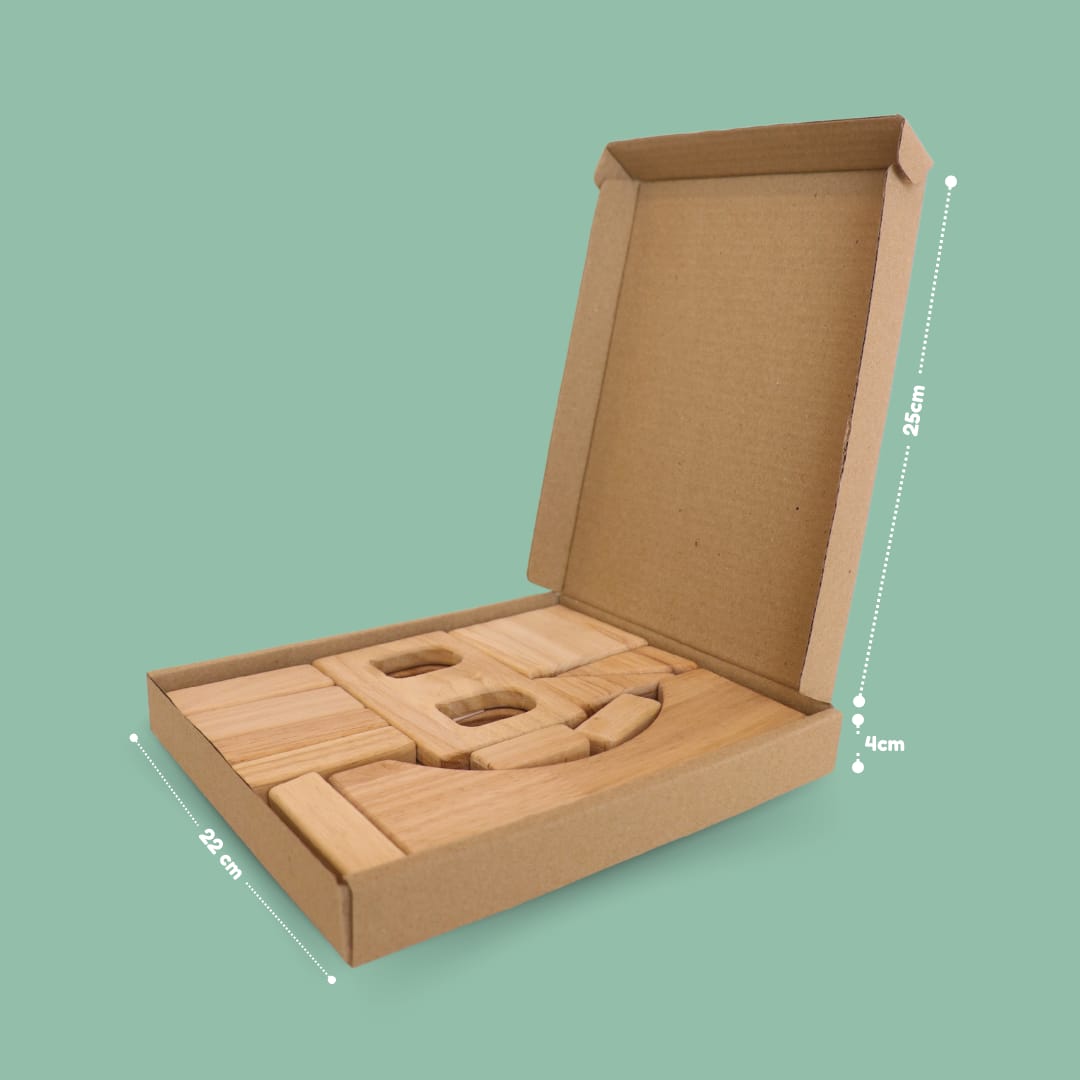 Tower Build blocks in open cardboard box showing package dimensions