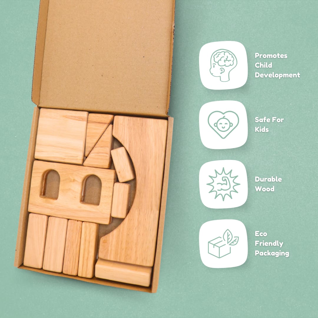 Tower Build wooden blocks in eco-friendly cardboard packaging with product benefit icons