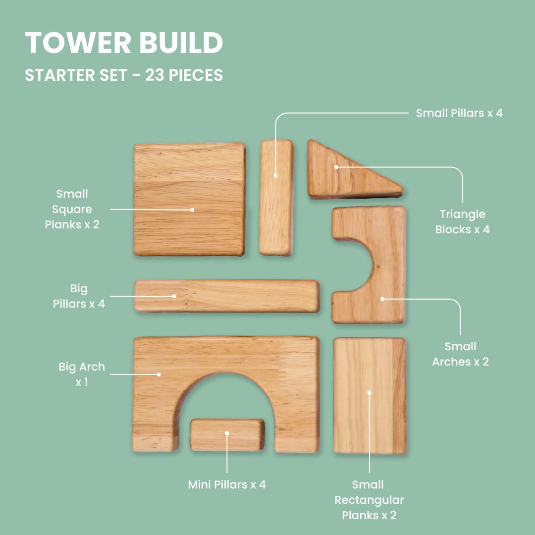 Tower Build Starter Set 23 pieces flat lay showing all included blocks pillars arches planks and triangle blocks